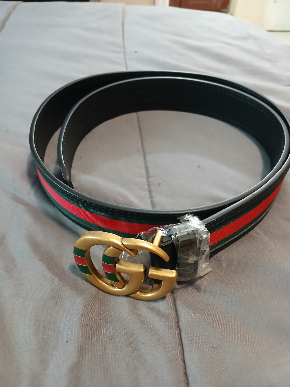 NWOT Gucci Double G Web Belt Black Leather with Green Red Stripe 48/120